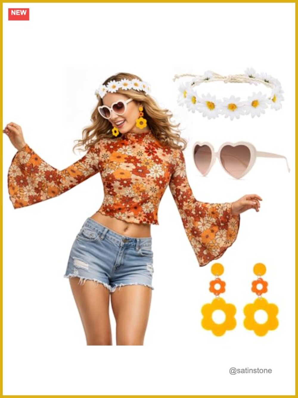 70s Disco Outfits Women Hippie Costume Bell Sleeve Floral Top with Accessories